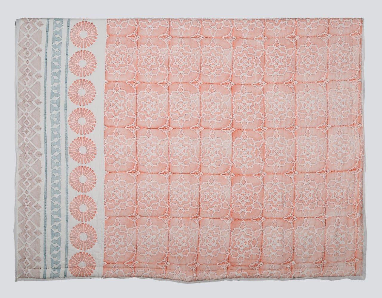 100% COTTON HAND PRINTED RED QUILT WITH 2 SHAMS