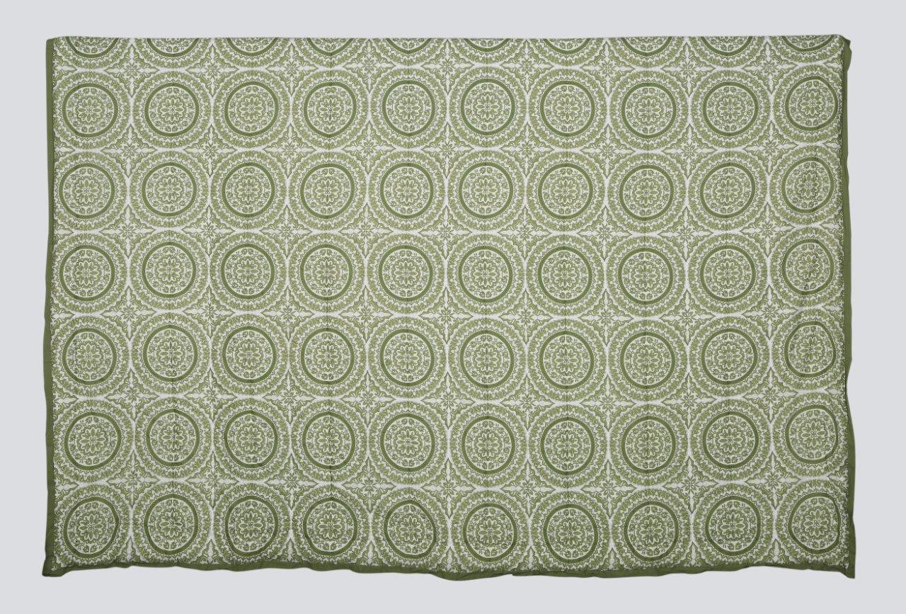 100% COTTON HAND PRINTED GREEN CIRCLE QUILT WITH 2 SHAMS