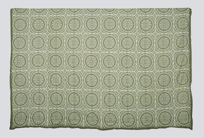 100% COTTON HAND PRINTED GREEN CIRCLE QUILT WITH 2 SHAMS