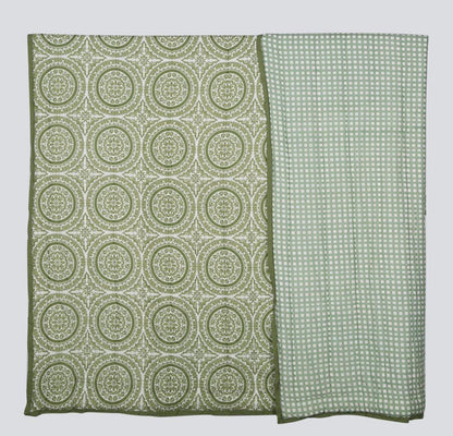 100% COTTON HAND PRINTED GREEN CIRCLE QUILT WITH 2 SHAMS