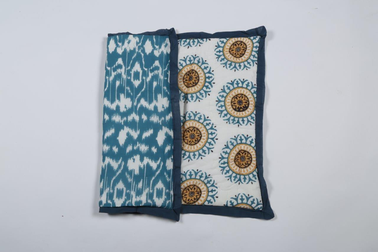 100% COTTON HAND PRINTED TEAL AND YELLOW FLORAL QUILT WITH 2 SHAMS