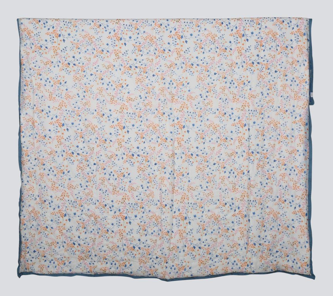 100% COTTON HAND PRINTED PINK,BLUE AND ORANGE BABY'S BREATH FLORAL QUILT WITH 2 SHAMS