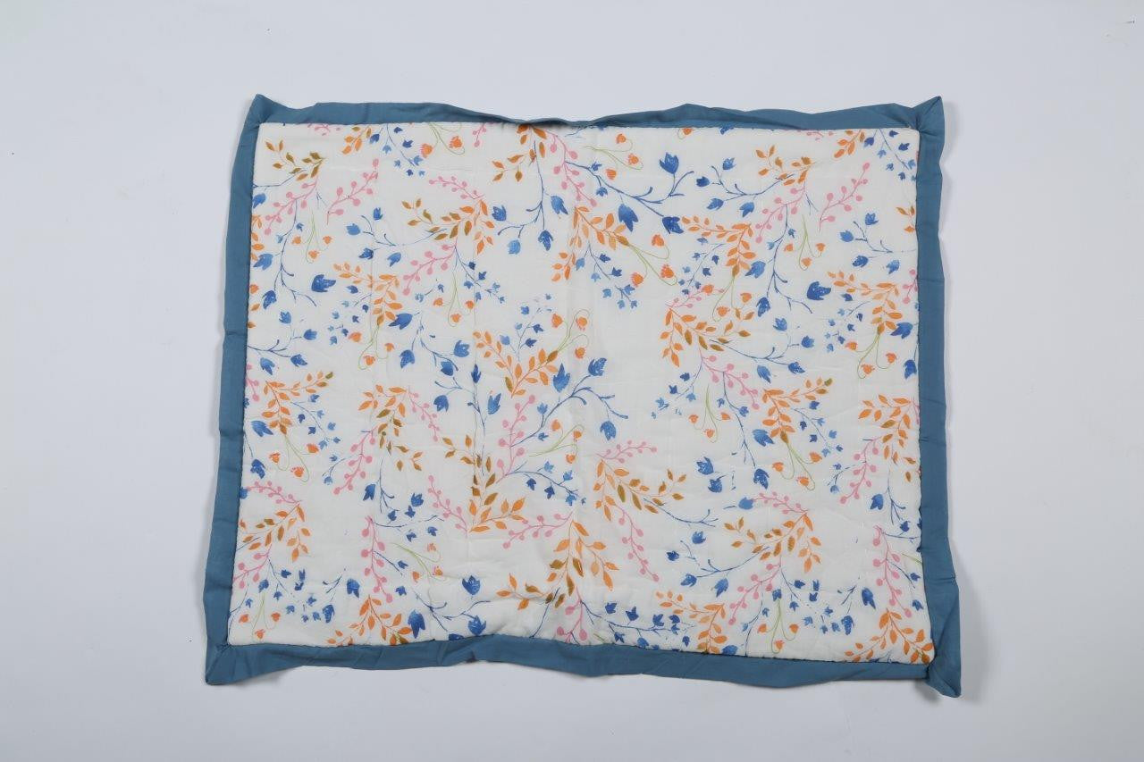 100% COTTON HAND PRINTED PINK,BLUE AND ORANGE BABY'S BREATH FLORAL QUILT WITH 2 SHAMS