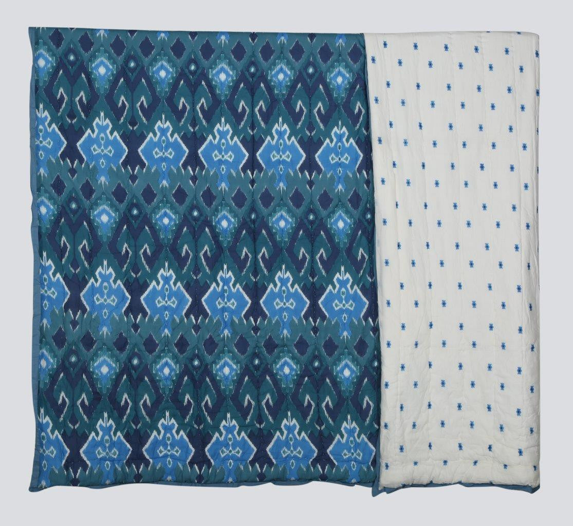 100% COTTON HAND PRINTED DARK BLUE TRIBAL QUILT WITH 2 SHAMS