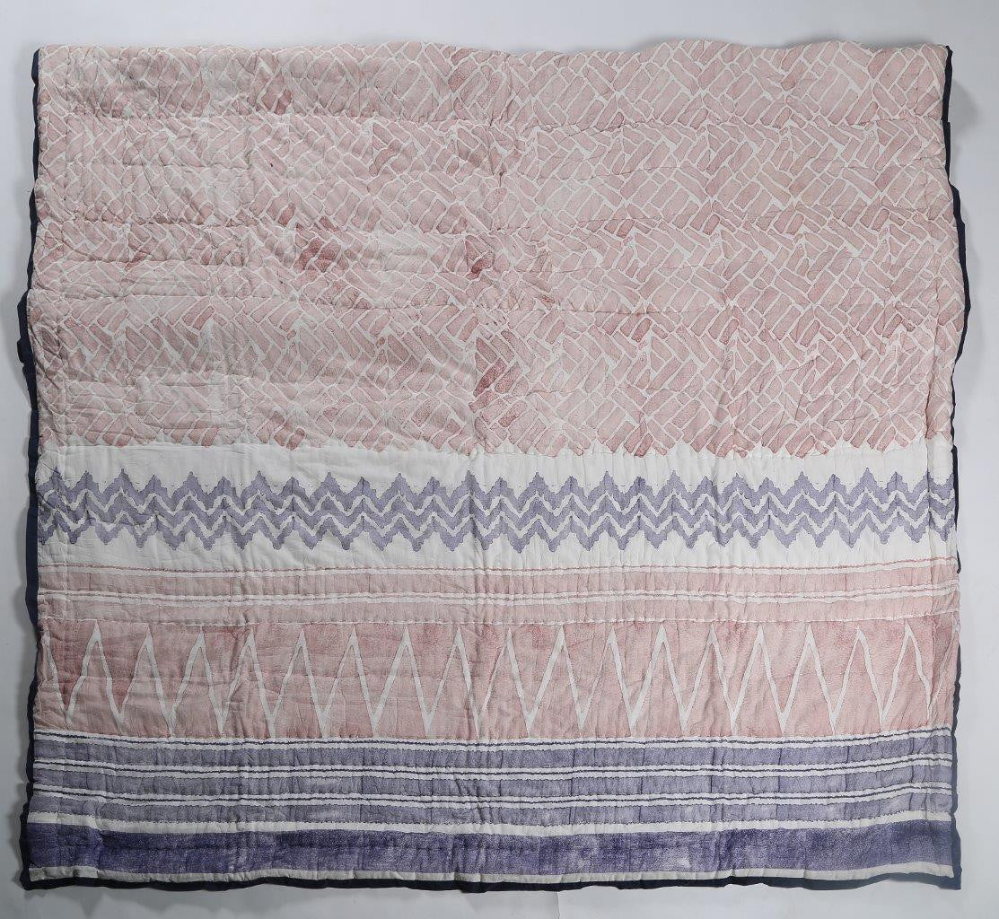 100% COTTON HAND PRINTED RED AND PURPLE STRIPPED QUILT WITH 2 SHAMS