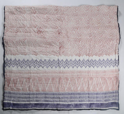 100% COTTON HAND PRINTED RED AND PURPLE STRIPPED QUILT WITH 2 SHAMS