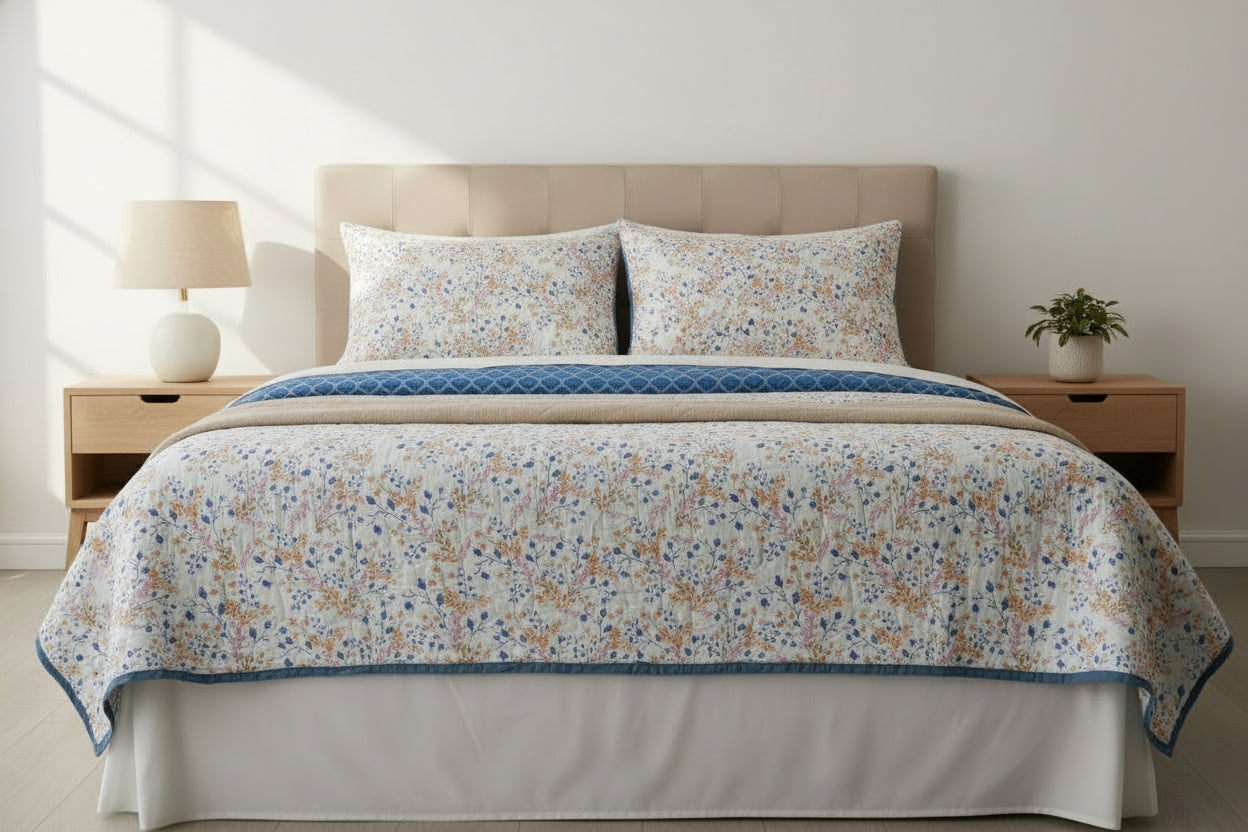 Bali Handcrafted Reversible Quilt with Matching Sham Covers