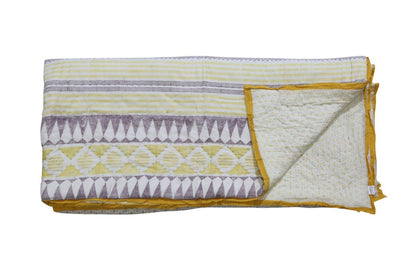 100% COTTON HAND PRINTED MUSTARD AND PURPLE QUILT WITH 2 SHAMS