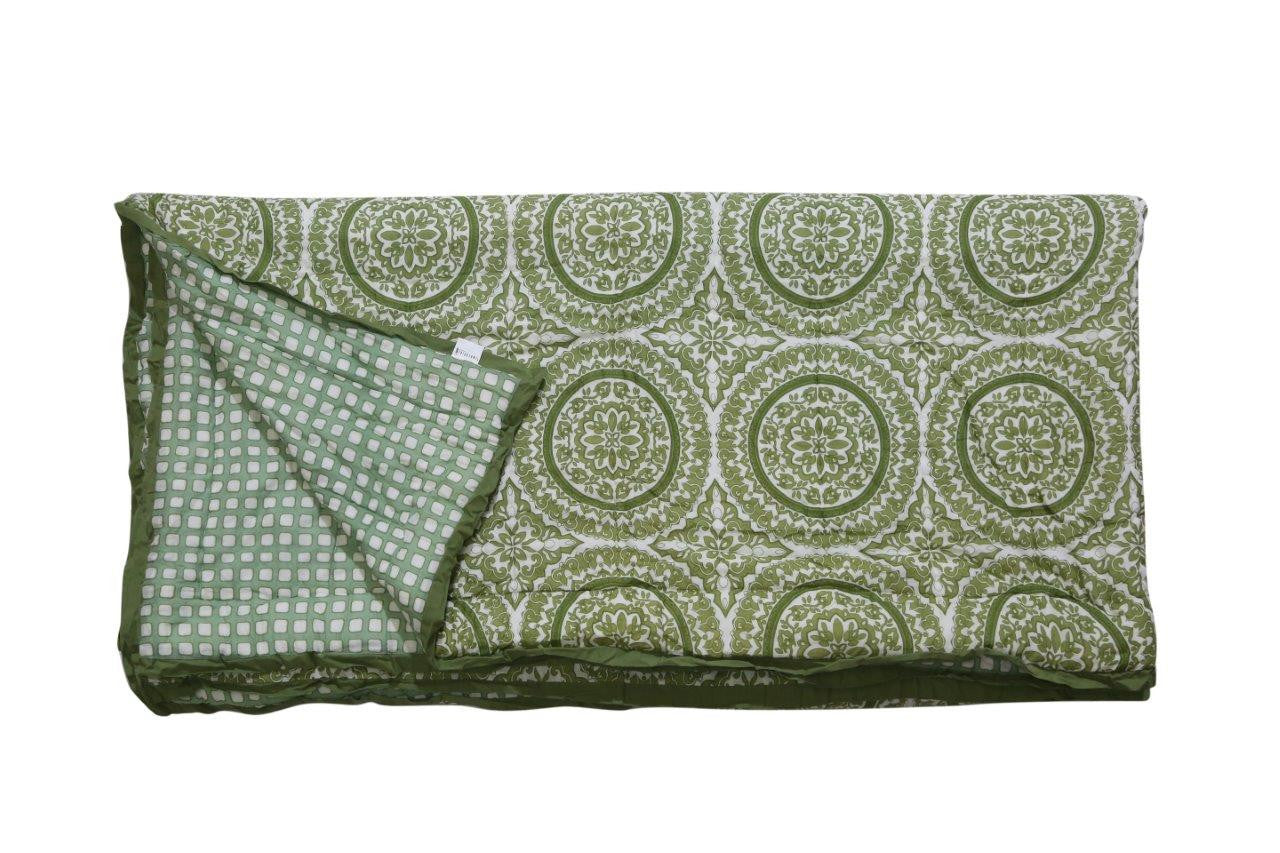 100% COTTON HAND PRINTED GREEN CIRCLE QUILT WITH 2 SHAMS