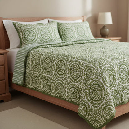 Lotus Handcrafted Reversible Quilt with Matching Sham Covers