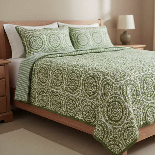 Lotus Handcrafted Reversible Quilt with Matching Sham Covers