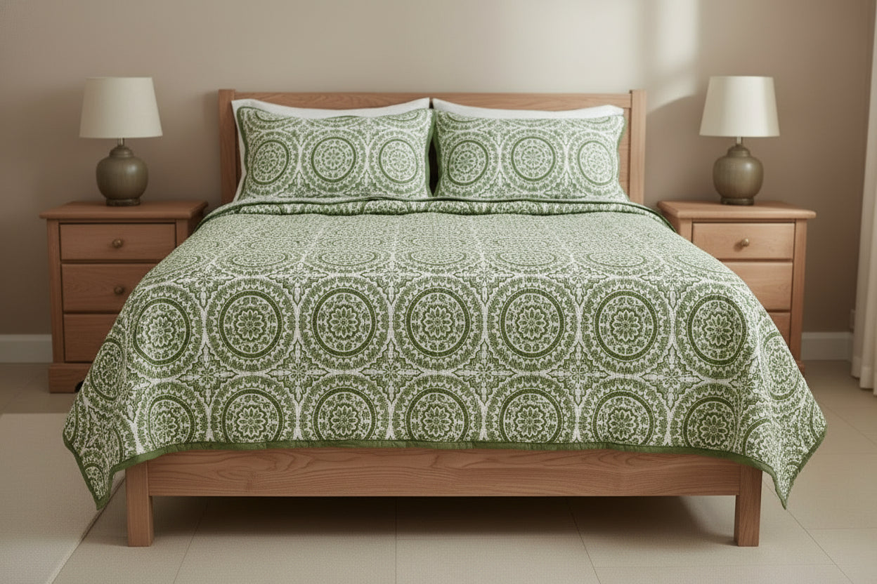 Lotus Handcrafted Reversible Quilt with Matching Sham Covers