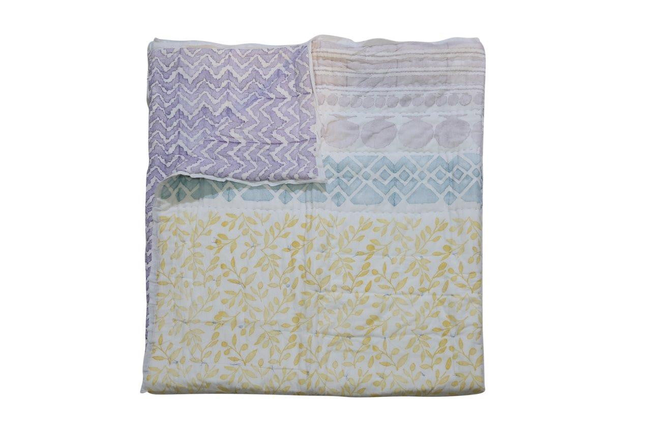 100% COTTON HAND PRINTED YELLOW AND PURPLE QUILT WITH 2 SHAMS