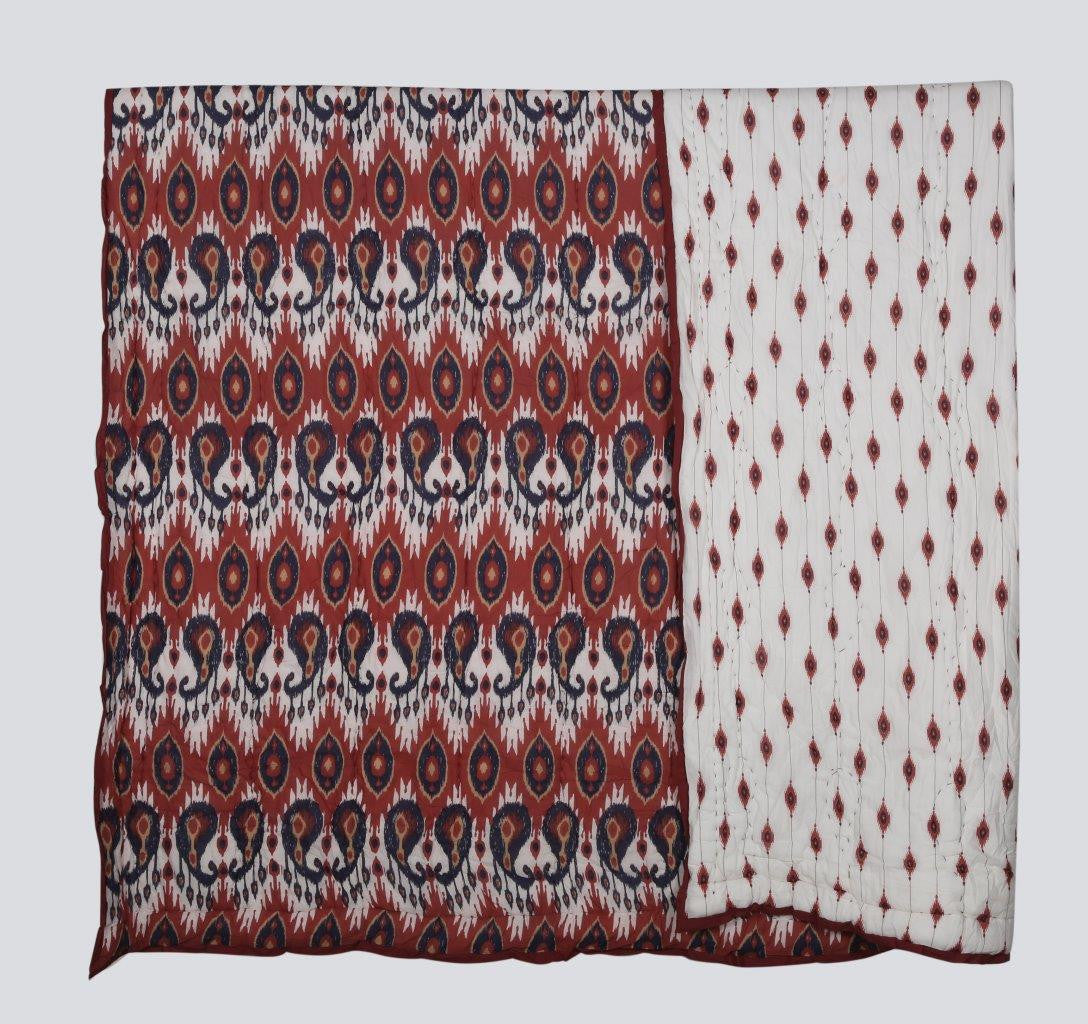 100% COTTON HAND PRINTED RED AND BLUE TRIAL QUILT WITH 2 SHAMS