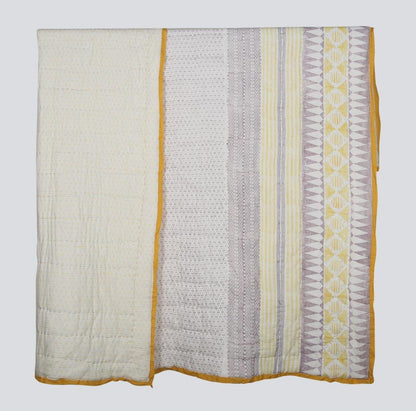 100% COTTON HAND PRINTED MUSTARD AND PURPLE QUILT WITH 2 SHAMS