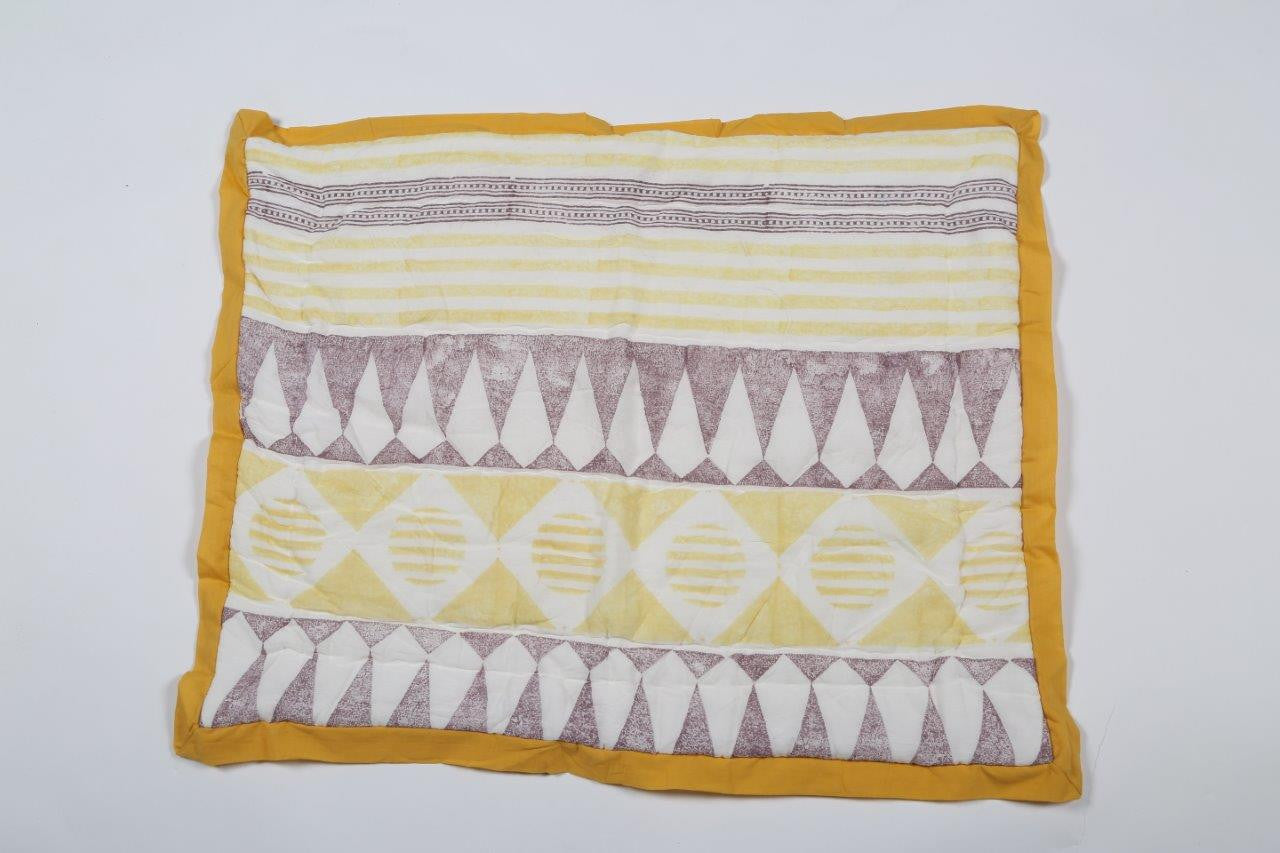 100% COTTON HAND PRINTED MUSTARD AND PURPLE QUILT WITH 2 SHAMS