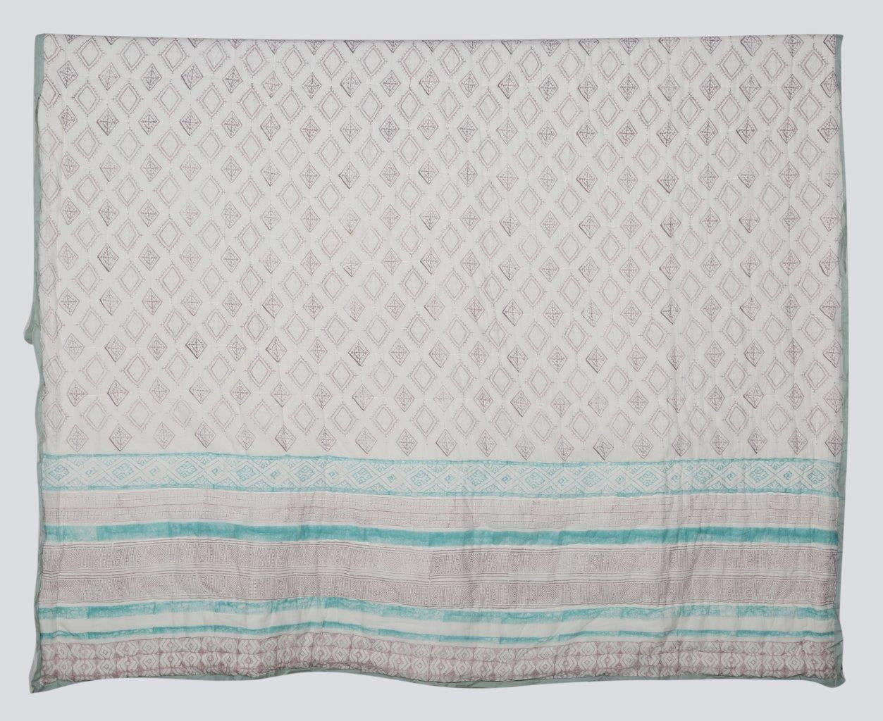 100% COTTON HAND PRINTED GREY AND TEAL QUILT WITH 2 SHAMS