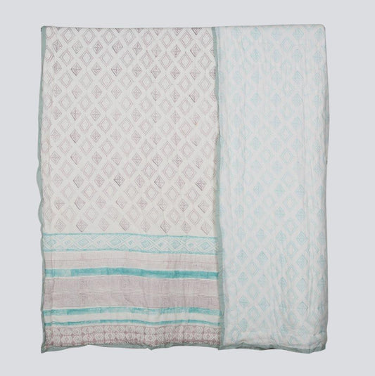 100% COTTON HAND PRINTED GREY AND TEAL QUILT WITH 2 SHAMS