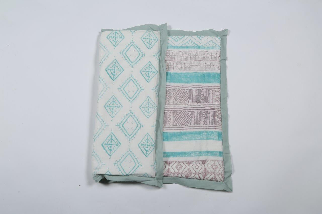 100% COTTON HAND PRINTED GREY AND TEAL QUILT WITH 2 SHAMS