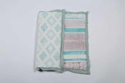 100% COTTON HAND PRINTED GREY AND TEAL QUILT WITH 2 SHAMS