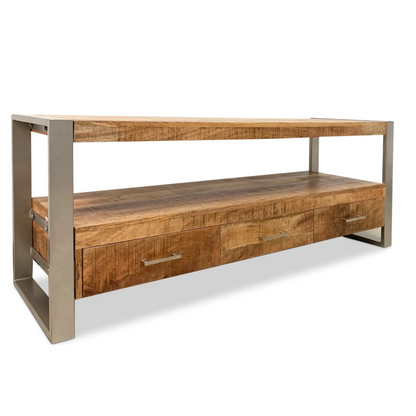 Industrial Reclaimed wood 3 Drawer TV stand with silver legs