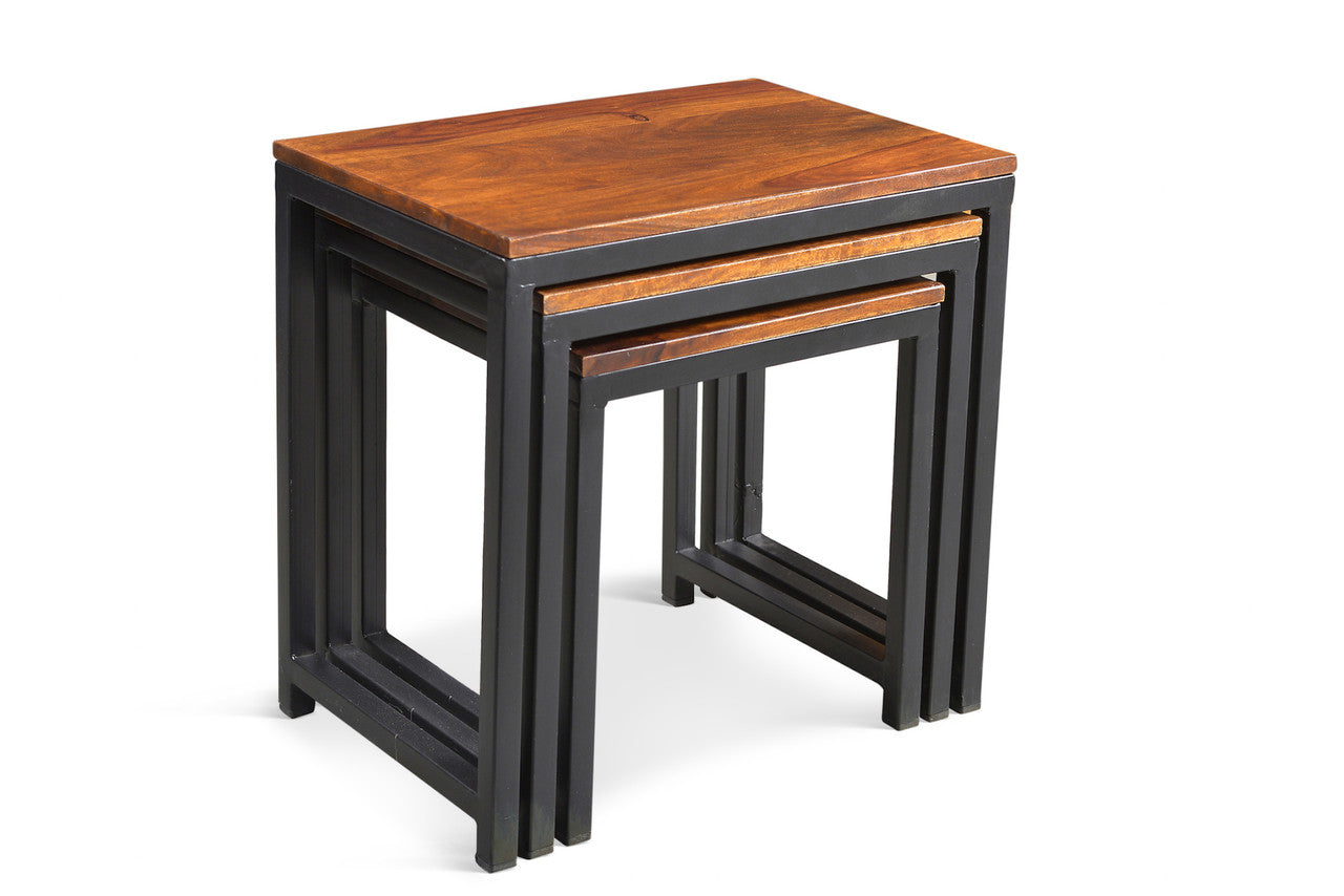 Solid Sheesham Wood Metal Nesting Table