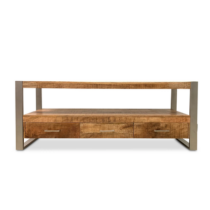 Industrial Reclaimed wood 3 Drawer TV stand with silver legs