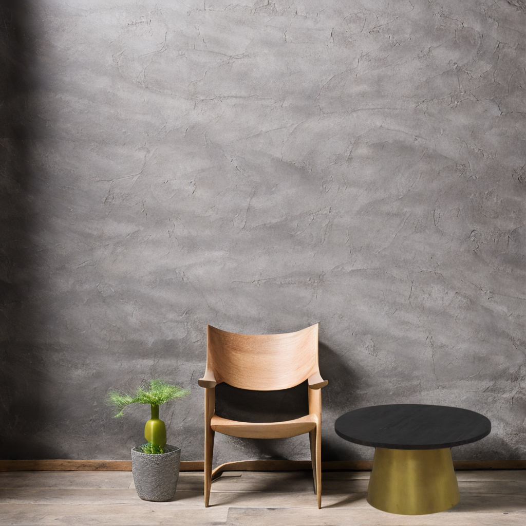 Black mango wood coffee table with gold drum base