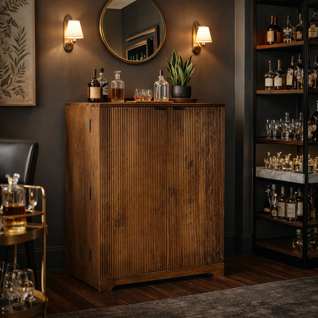 Ridgewood Fluted Wood Bar Cabinet with Wine Storage