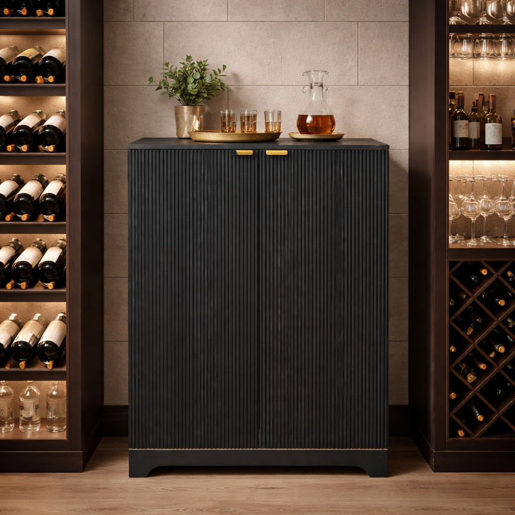 Midnight Fluted Wood Bar Cabinet with Wine Storage