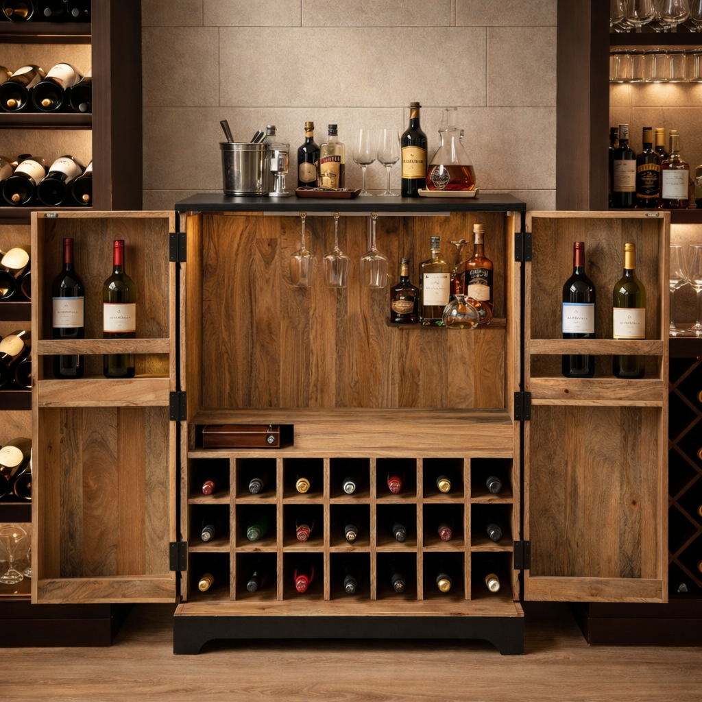 Midnight Fluted Wood Bar Cabinet with Wine Storage