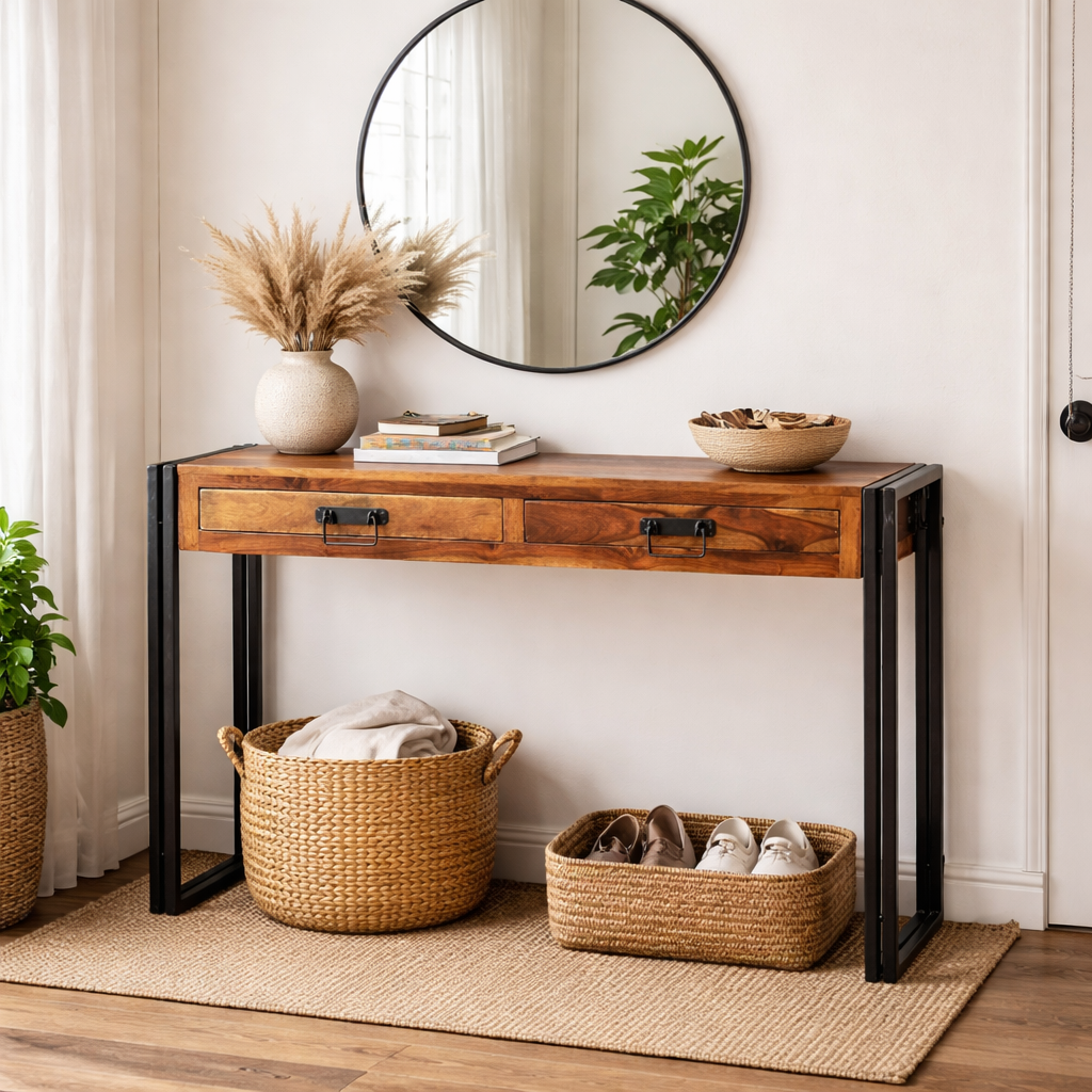 Timbergirl Solid Sheesham Wood Console Table with Metal Legs