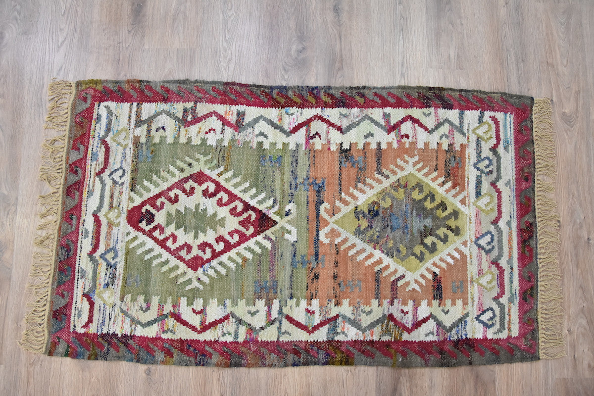 Timbergirl Kilim Sage Coral 100% Cotton Handmade Rug