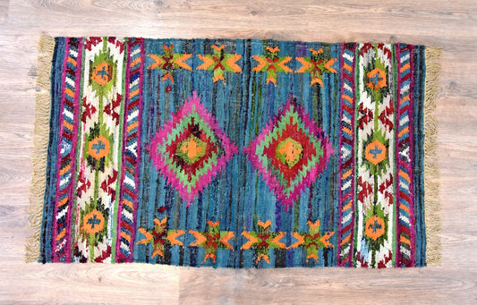 Timbergirl Kilim Blue 100% Cotton Handmade Rug