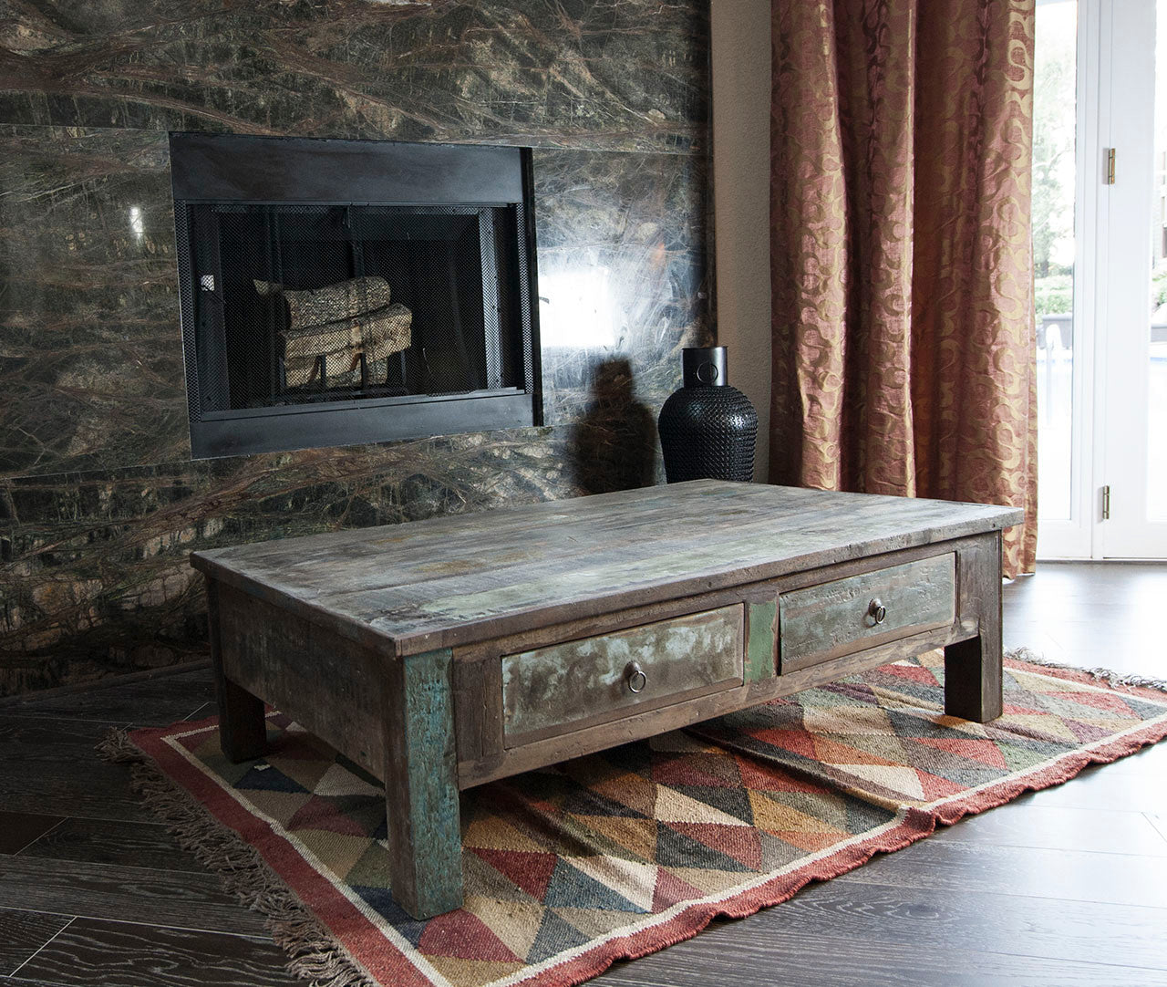 Reclaimed wood coffee table with double drawers