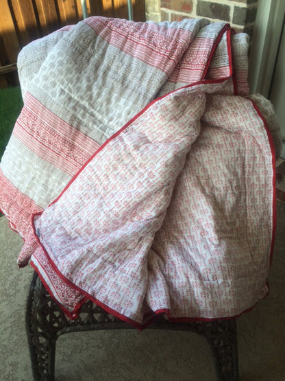 Organic Cotton Block Print Quilt - Red & Grey